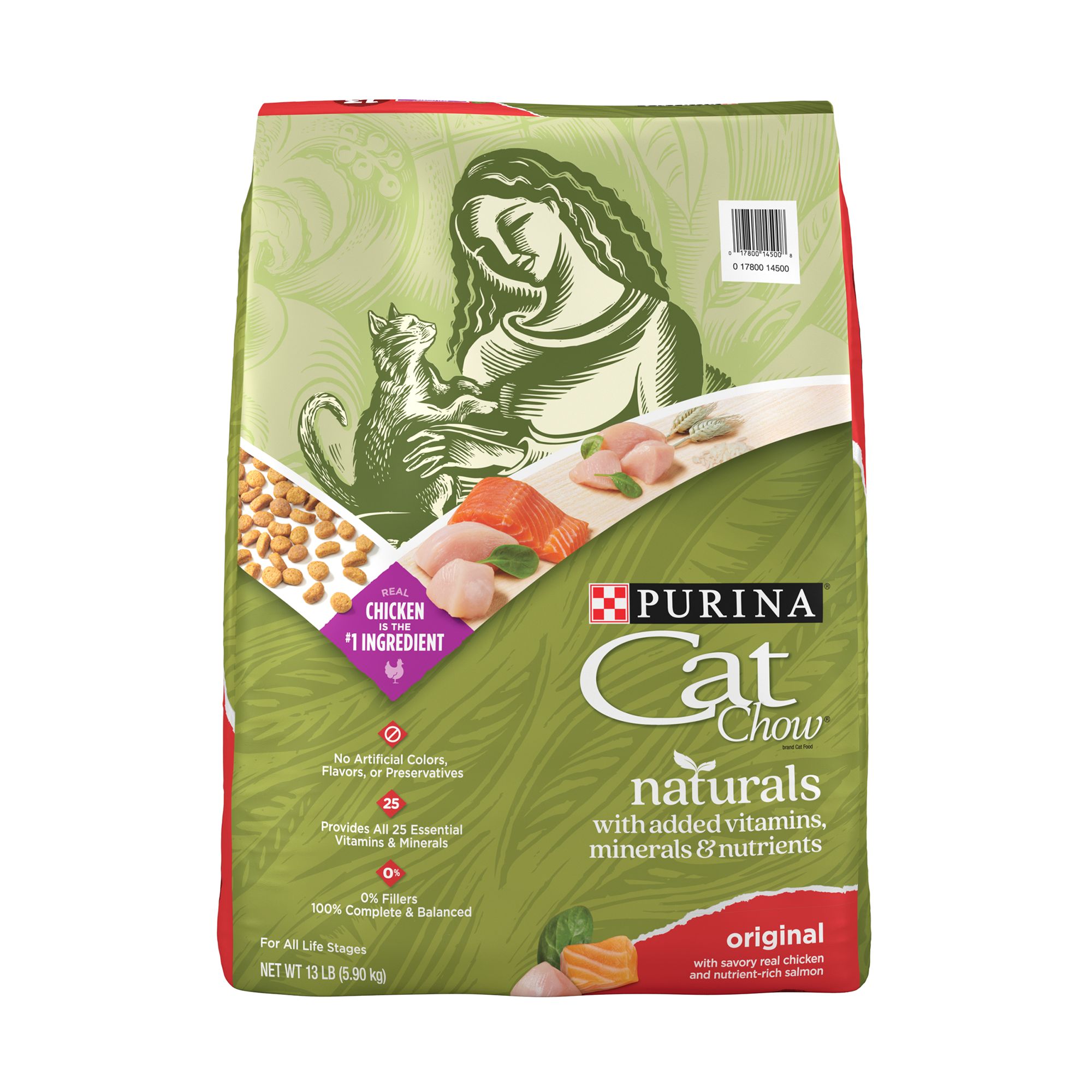 Purina Cat Chow Naturals All Life Stages Dry Food - Chicken, Natural, No Artificial Flavors, Size: 13 lb, Flavor: Salmon | PetSmart Yellow