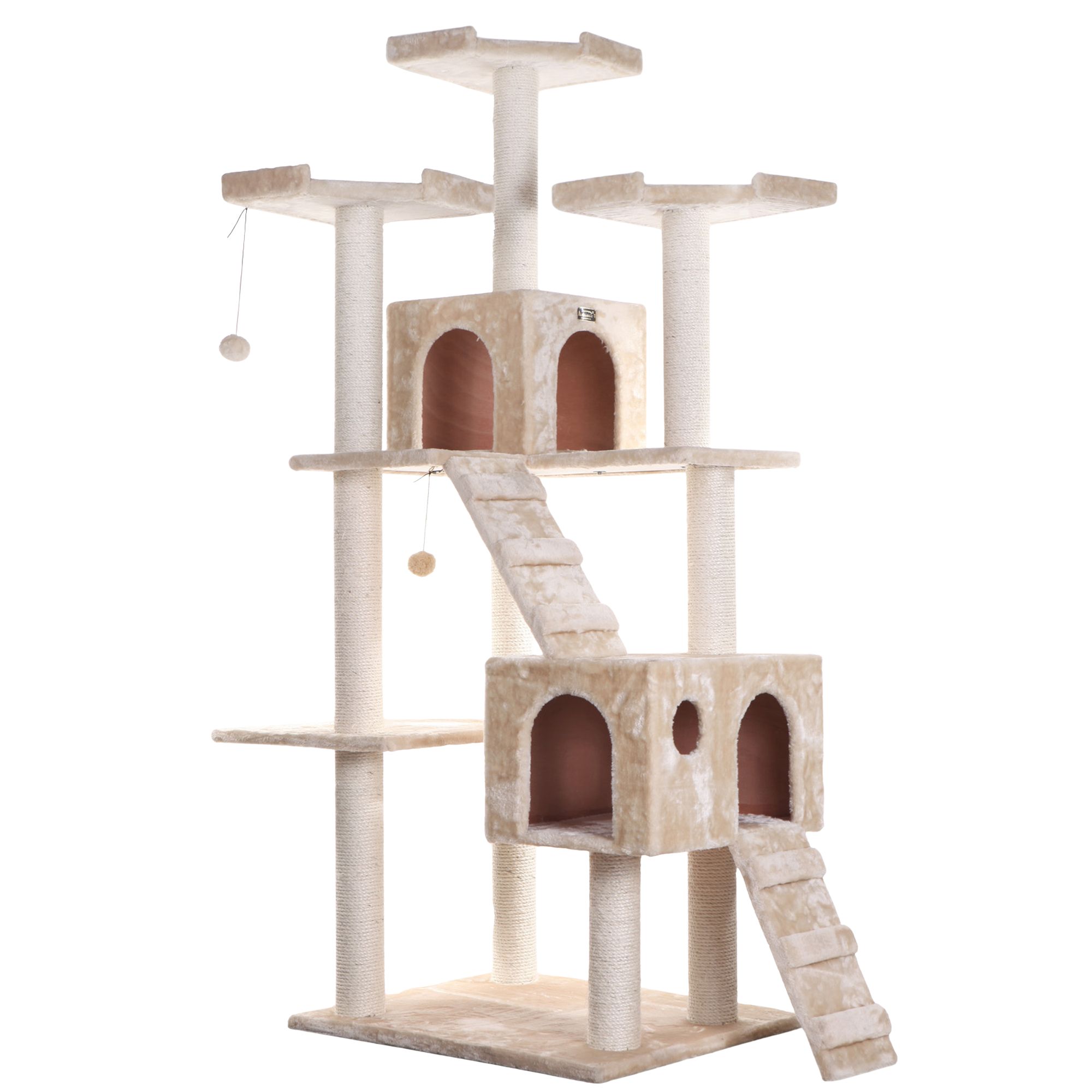 Armarkat 74-in Faux Fur Two Condo and Running Ramps Real Wood Cat Tree, Beige | PetSmart