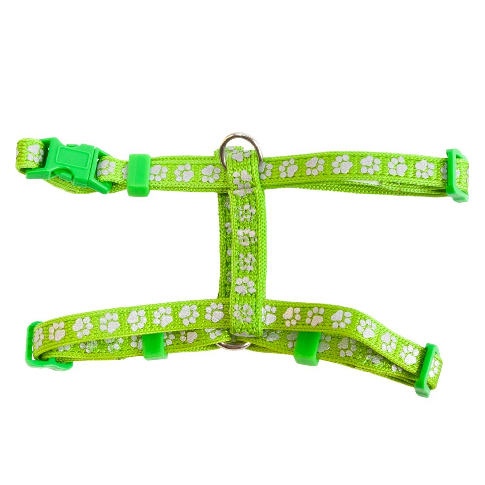 The Whisker City Cat Reflective Harness gives you gentle, comfortable control of your cat, while allowing her to explore the world outside your door. The adjustable sternum slide allows you to create a custom fit for your cat's body type, while the dual adjustment points on the girth strap allow a snug, safe fit. Only at PetSmart. Features: Nylon, adjustable harness Stylish reflective paw print ribbon overlay Bright, noticeable color Includes: 1 Harness Intended For: Cats Leash Type: Harness Color: Purple, White Dimensions: Girth 8 in x 16 in (20.3 cm x 40.6 cm) Caution: Not for use with leash or tie-out. Fit should allow room for 2 fingers to fit between the item and the neck. Instructions: 1. Estimate and adjust the harness to your kitten's size. 2. Release the buckle and, with the D-ring on top, place your kitten's head through the neck strap. 3. Place the kitten's left leg through the left side of the harness so the chest strap fits behind the kitten's front leg. 4. Fasten the buckle and adjust the neck and chest straps for a comfortable fit. 5. Attach the leash to the D-ring. Color: Green. http://s7d6.scene7.com/is/image/PetSmart/5191336