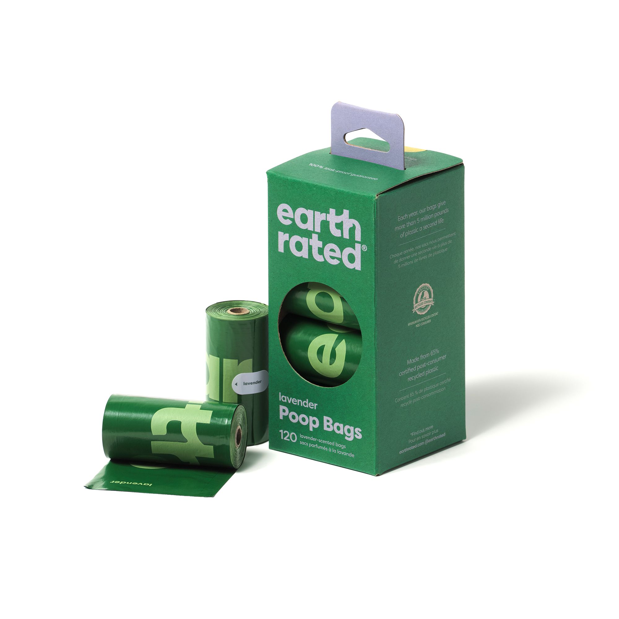 Earth Rated Leak-Proof Dog Poop Bags, Lavender, 120 Count on 8 Single Refill Rolls