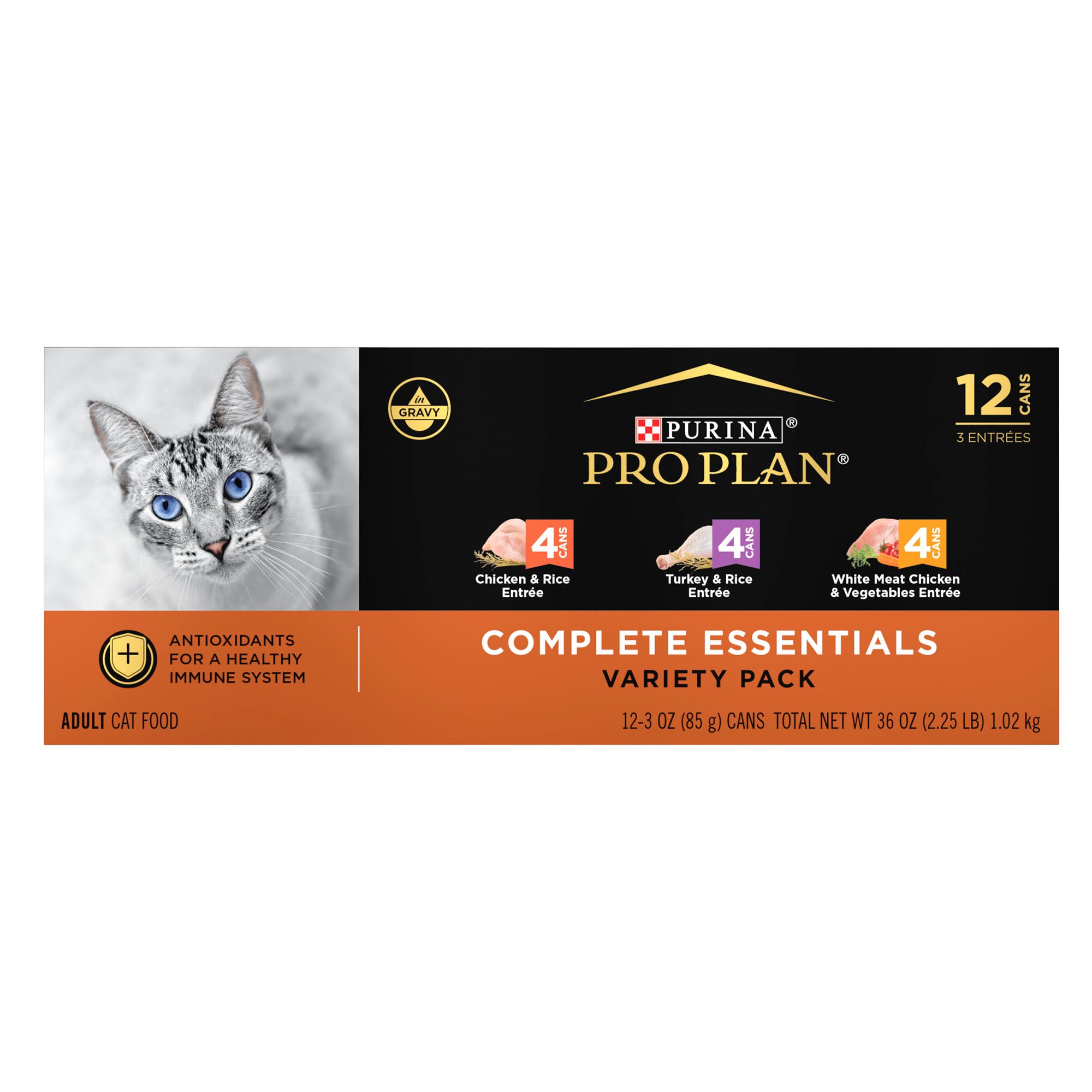 Purina Pro Plan Complete Essentials Adult Wet Cat Food - Antioxidants, High-Protein, 12 Count, 36 OZ size:12 Ct, Flavor: Chicken, Turkey | PetSmart White