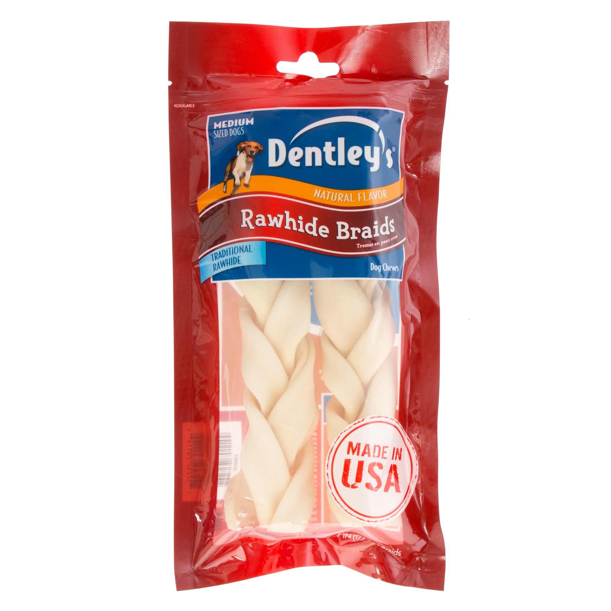 Dentley's Rawhide Braids Medium Dog Treat size 7 in, Natural, Chew