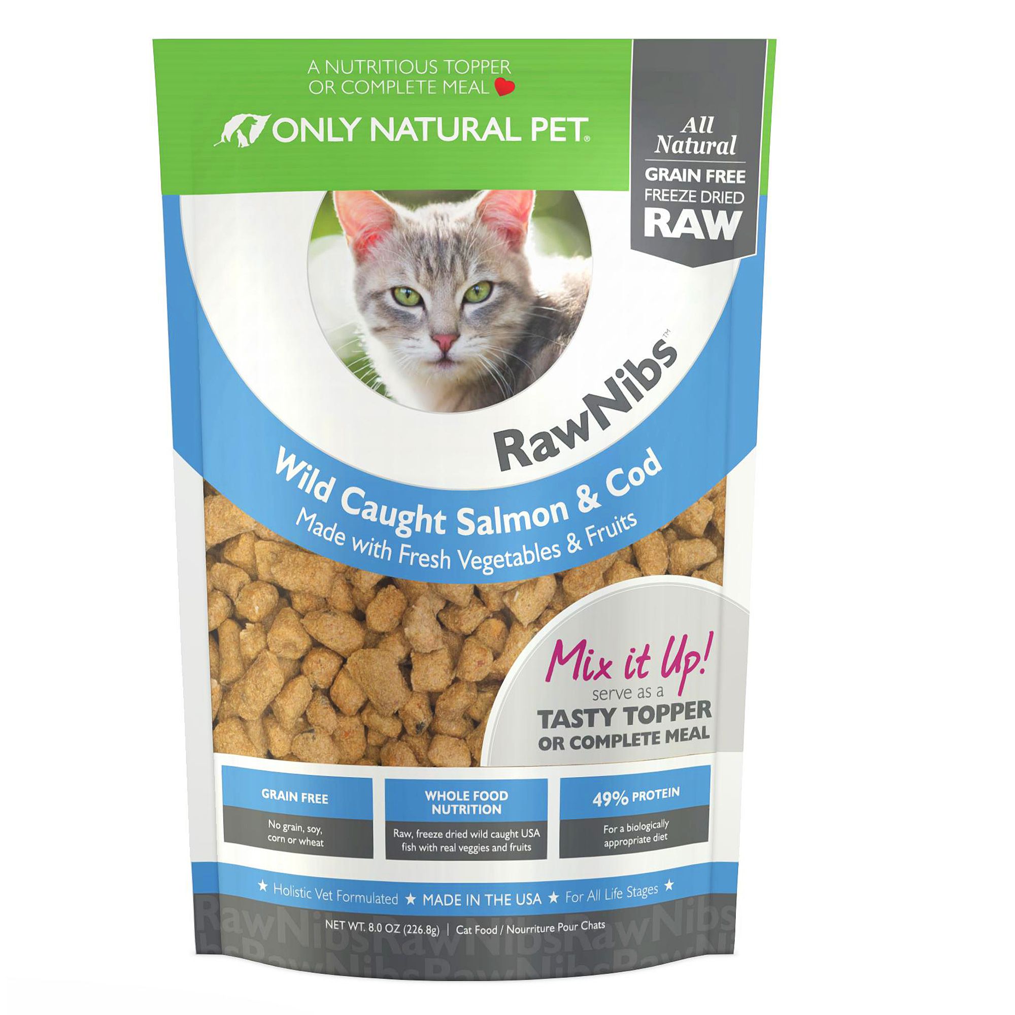 Only Natural Pet RawNibs Cat Food - Freeze Dried Raw, Grain Free, Salmon and Cod size: 8 Oz