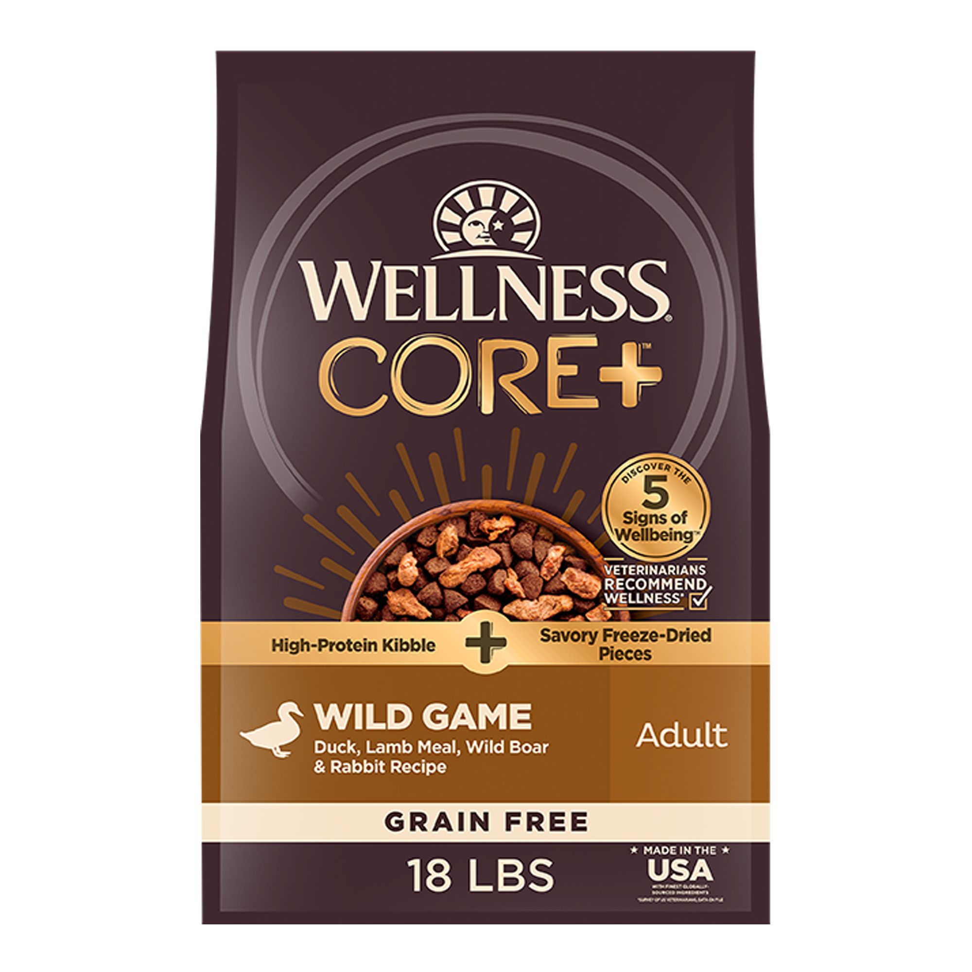 Wellness CORE RawRev Kibble + Adult Dry Dog Food - Natural, Grain Free, Wild Game, Size: 18 lb, Flavor: Duck | PetSmart Green