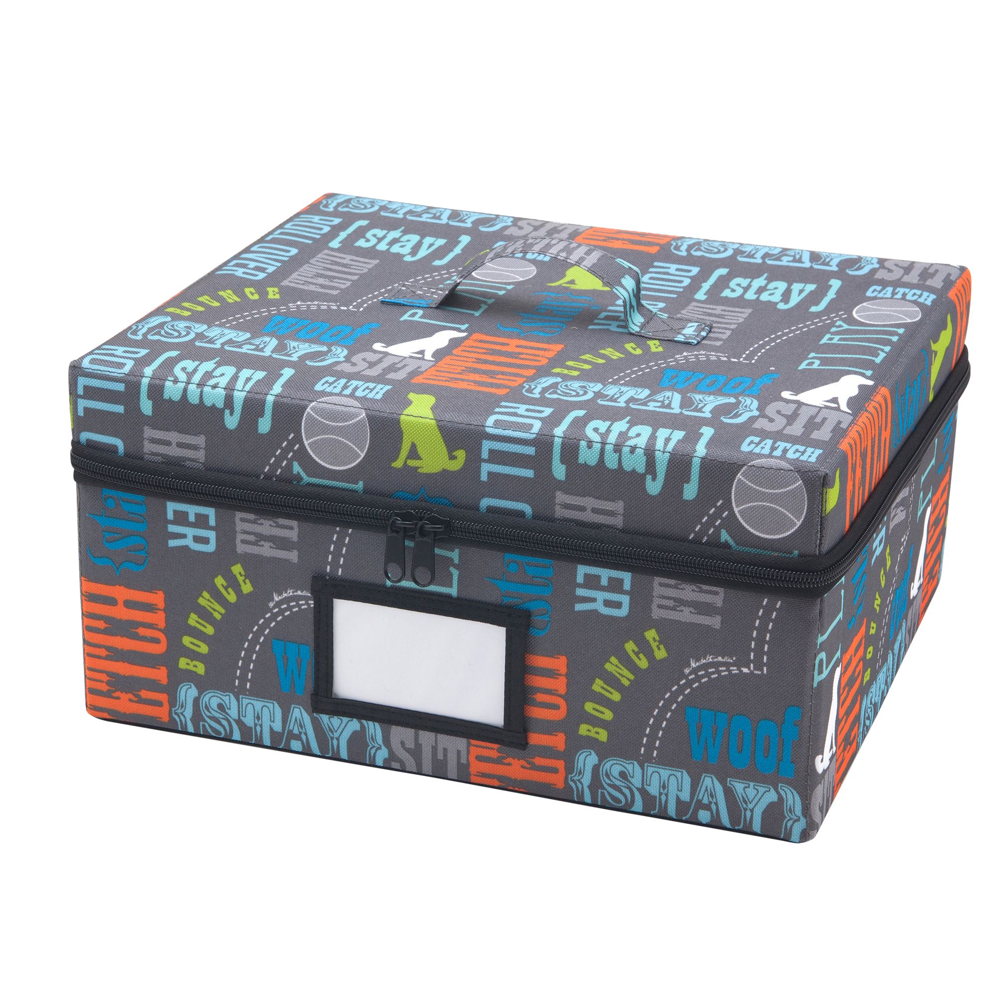 Paw Prints Fabric Word Design Zip-Up and Collapsible On-The-Go Storage Bin in Grey | PetSmart