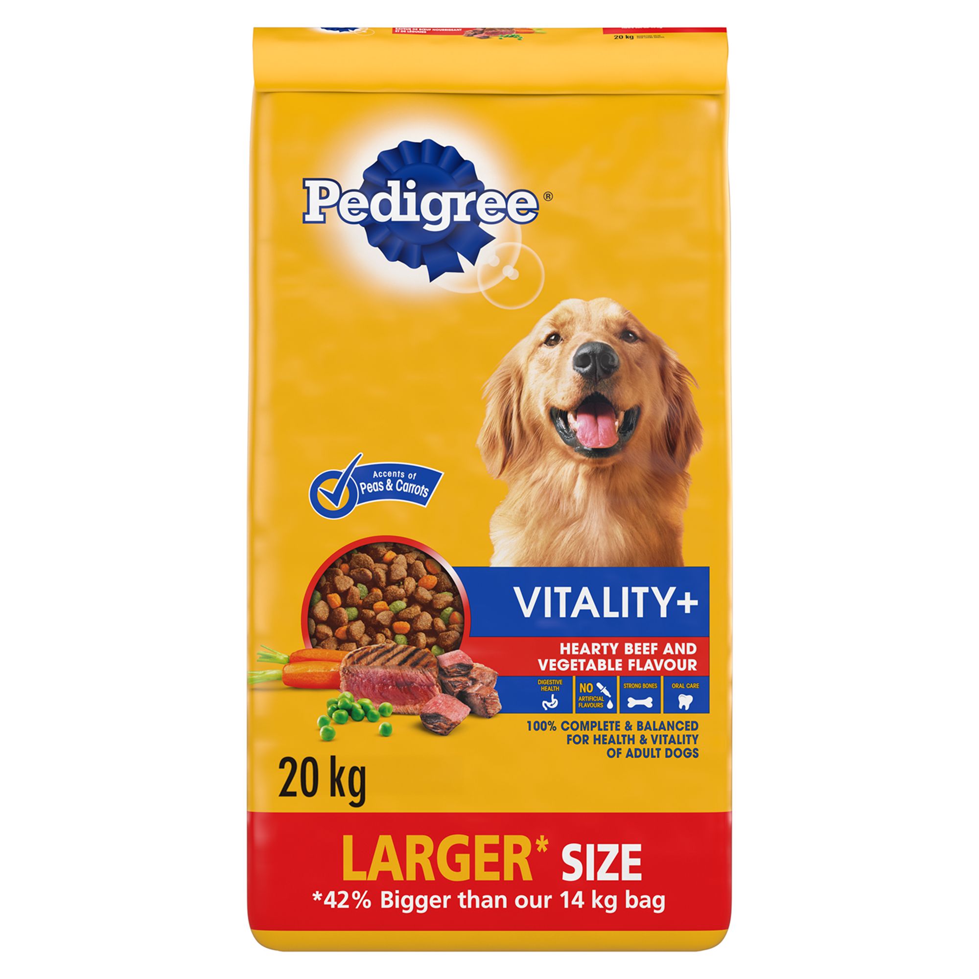 Pedigree Vitality+ Dry Food For Adult Dogs - Hearty Beef & Vegetable Flavour With Calcium (20 kg)
