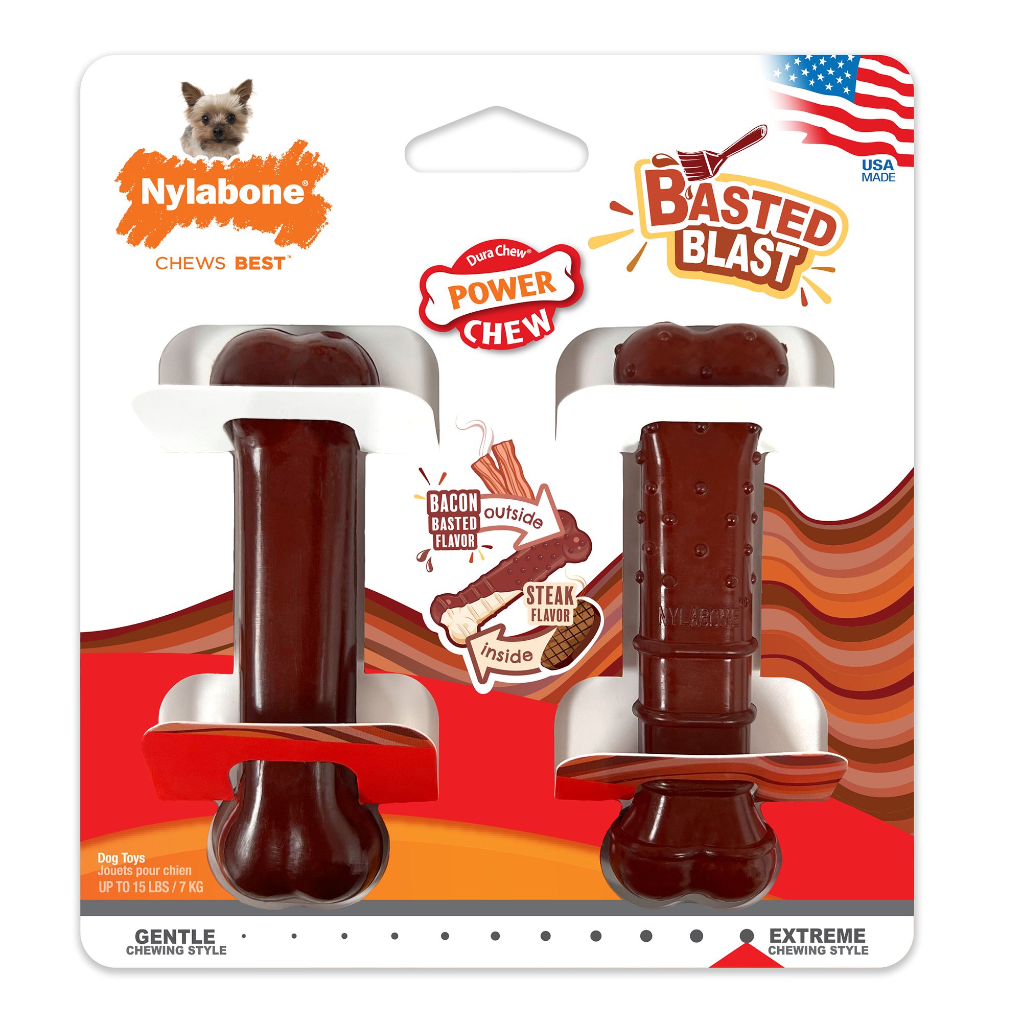 Nylabone Power Chew Basted Blast Dog Toy - 2 Pack, Bacon and Steak Flavor, Size: Petite | PetSmart