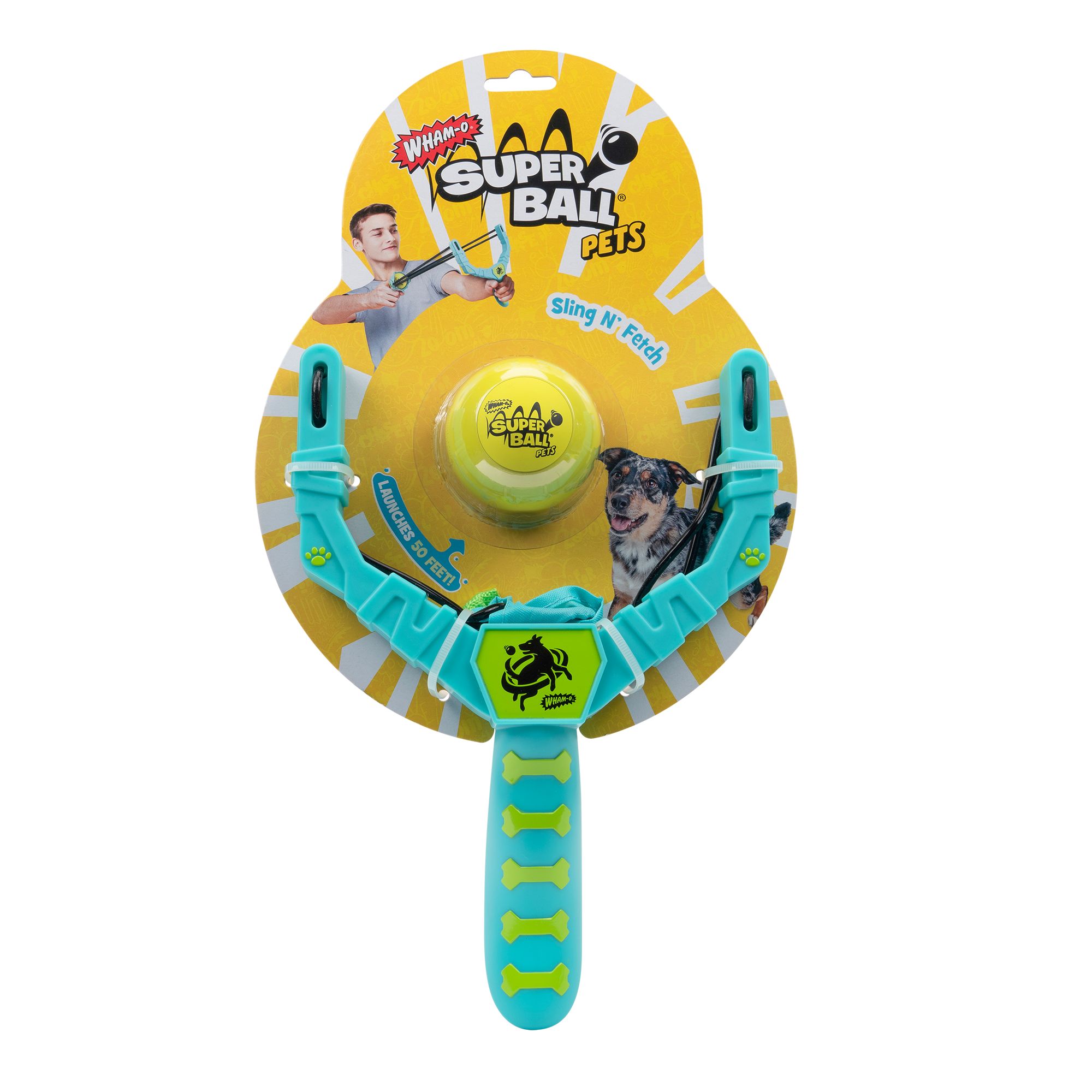 Wham-O Pets Sling 'N' Fetch Launcher Squeaky Ball Dog Toy in Green/Blue | PetSmart