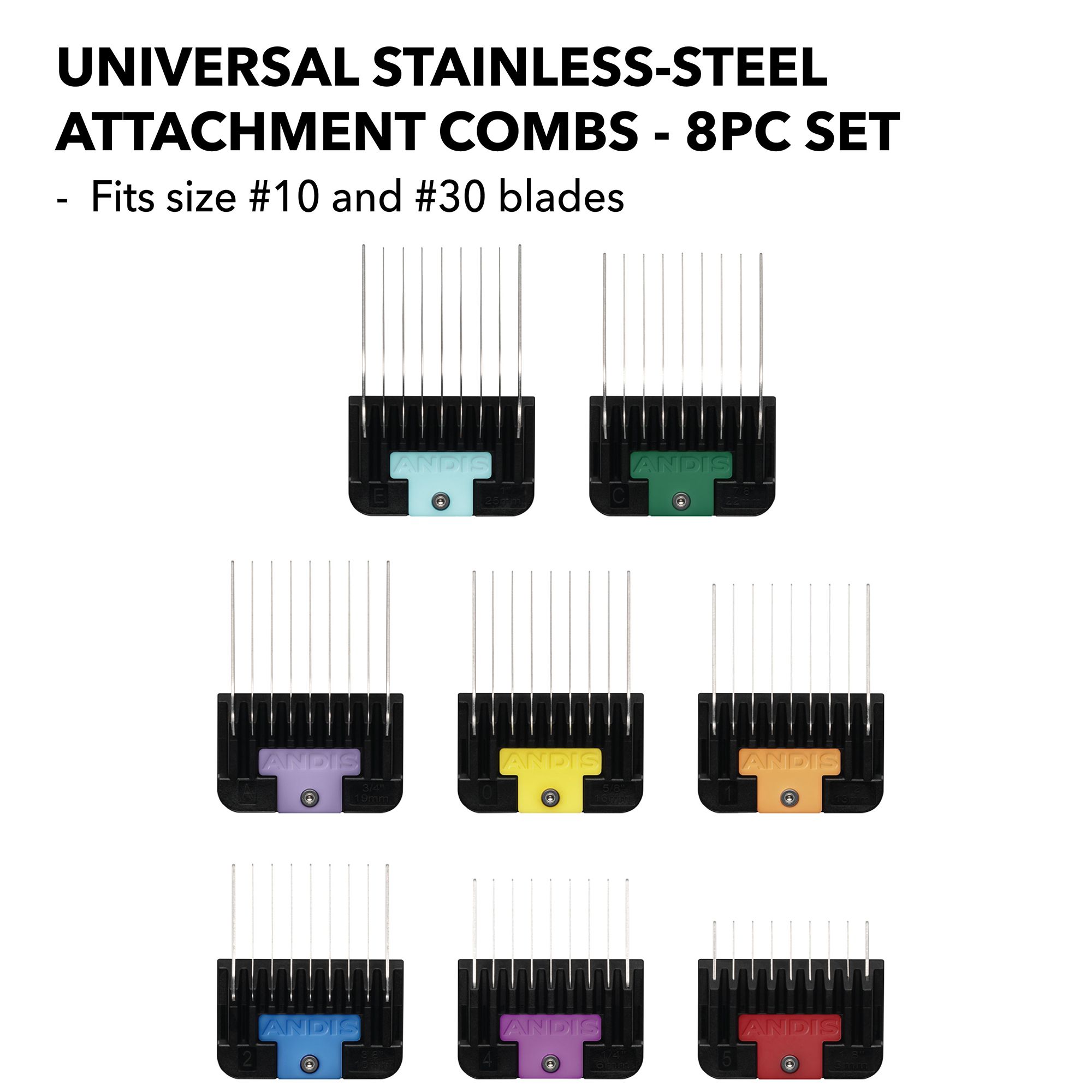 Andis® Universal Stainless Steel 8-Piece Comb Set for Pet Hair Electronic Clipper