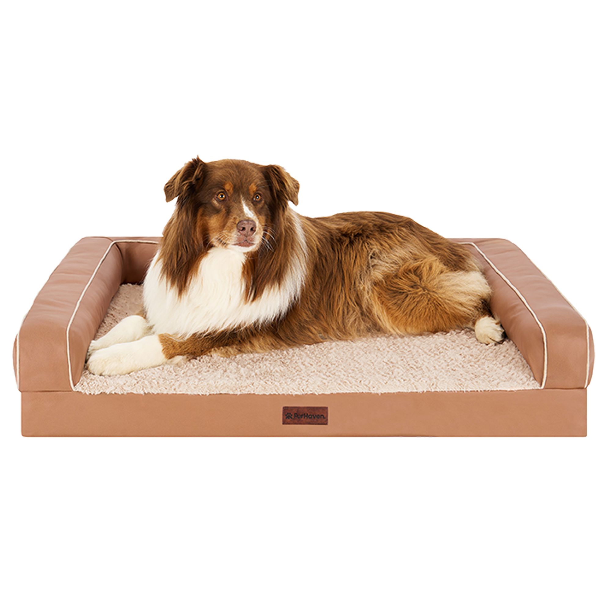 FurHaven Textured Plush & Coated Polyester Memory-Top Modern Sofa Pet Bed, Camel, Jumbo