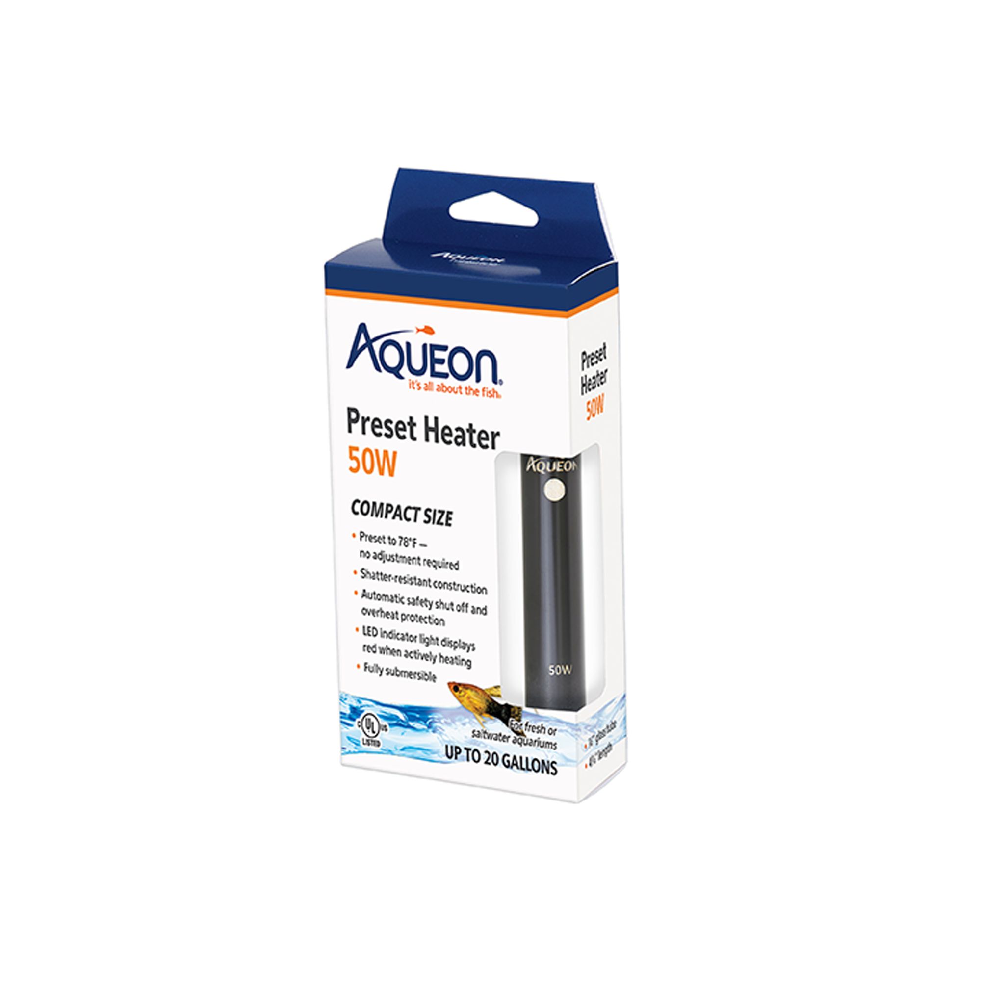 Aqueon® Preset 50W Submersible Aquarium Heater for Fish Tanks (50W)
