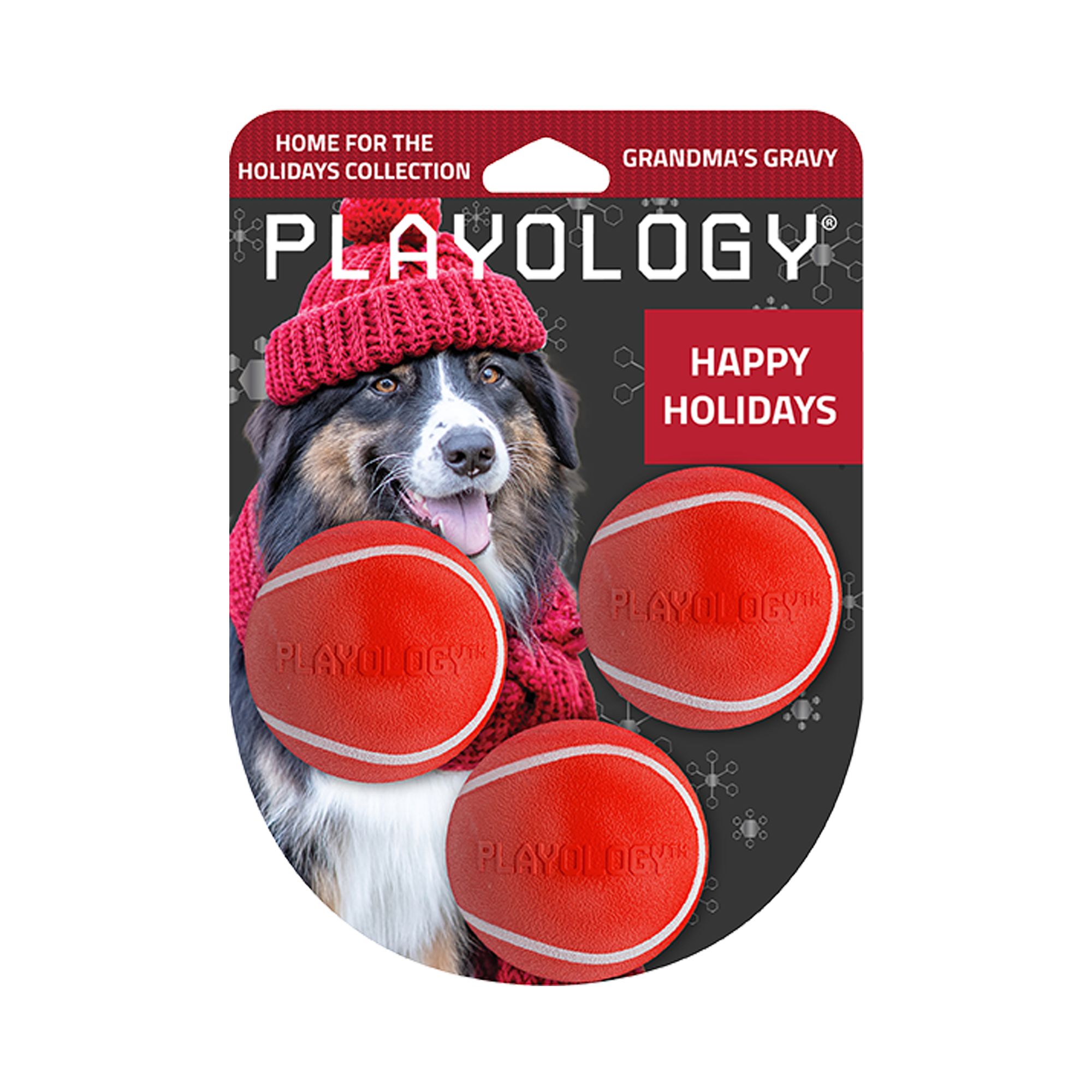 Playology Holiday Grandma's Gravy Scented Squeaky Chew Ball Dog Toy, Small, 3 Pack in Red | PetSmart