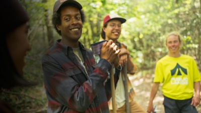 Public Lands teammebers take a break during a cleanup 