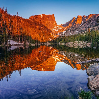 Dream Lake, in Rocky Mountain National Park, on a warm summer morning.