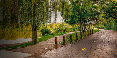 A runner along the path at Olentangy Trails in front of Antrim Lake. 