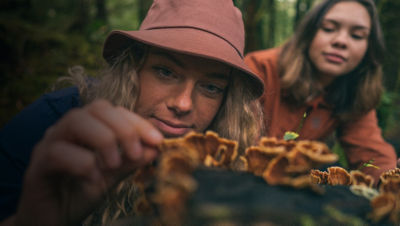 Two women look at wild mushrooms
