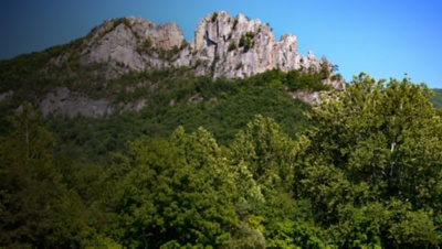 A view of Seneca Rocks above the confluence of Seneca Creek and the North Fork of the South Branch of the Potomac River. 