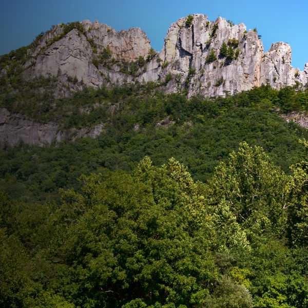 A view of Seneca Rocks above the confluence of Seneca Creek and the North Fork of the South Branch of the Potomac River. 