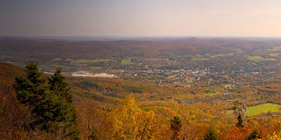 A panorama of the fall foliage from the top of Mount Greylock