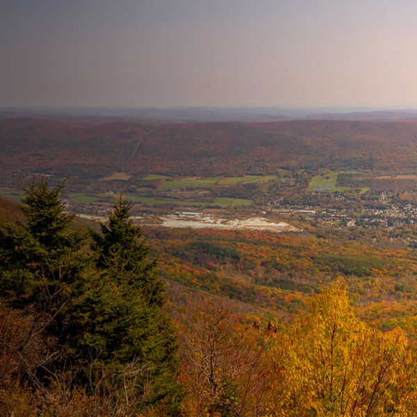 A panorama of the fall foliage from the top of Mount Greylock