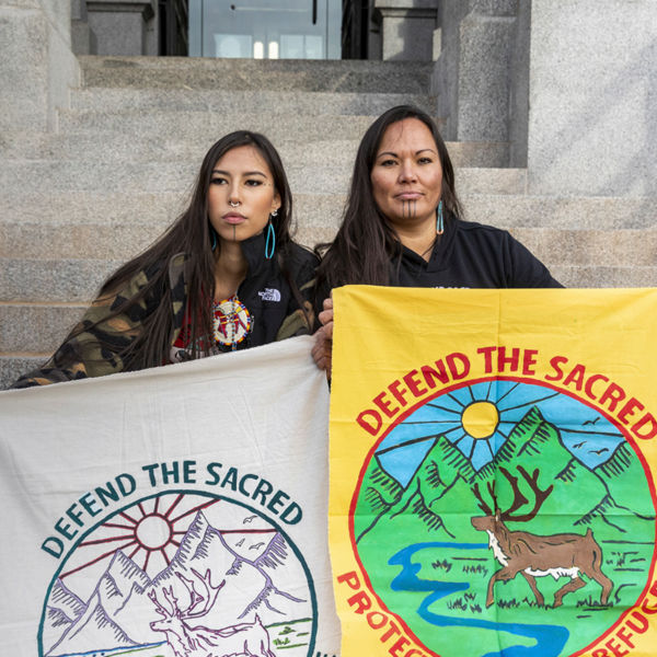 Jody Potts and Quannah Chasinghorse Potts at the Outdoor Retailer climate protest in Denver, CO. 