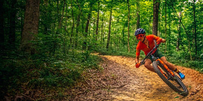 A biker riding various sections of the Baileys Trail System in Chauncey, Ohio. 