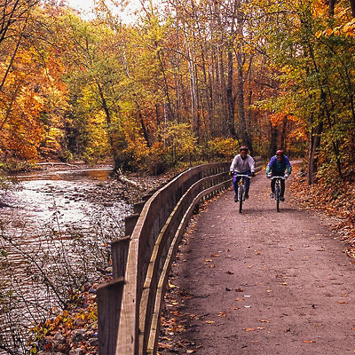 Two bikers ride on the towpath at Cuyahoga Valley National Park