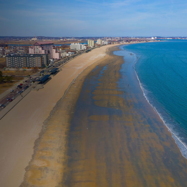 Revere Beach aerial view and historic coastal area in spring in city of Revere near Boston, Massachusetts MA, USA. 