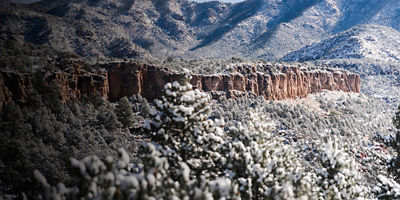 Snow-covered views of cliffs at Shelf Road, Colorado. 