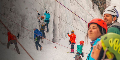 Students practice their technique at an ice climbing clinic during the Ouray Ice Festival at the Ice Park in Ouray, Colorado.