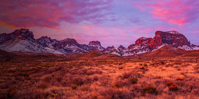 Sunrise over the snow dusted Chisos mountains in Big Bend National Park