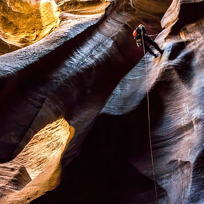 Canyoneer Rappels in the Cathedral Room in  Zion National Park, Utah