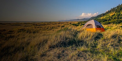 A camping tent at Gold Bluffs campgrounds in Redwoods National Park