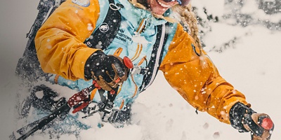 A close up image of a person skiing 