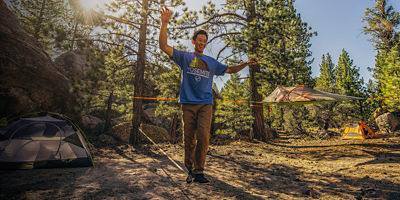 Rock climbing, cooking, camping and slacklining in Holcomb Valley with friends and musicians.