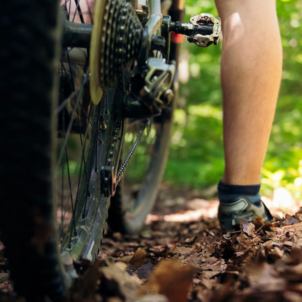Cyclist leg and wheel of a mountain bike