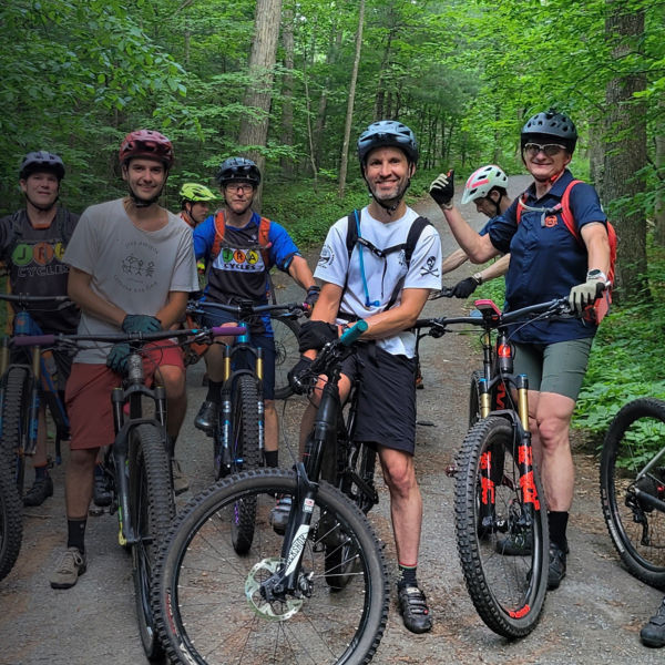 A group of mountain bikers from the New England Mountain Bike Association 
