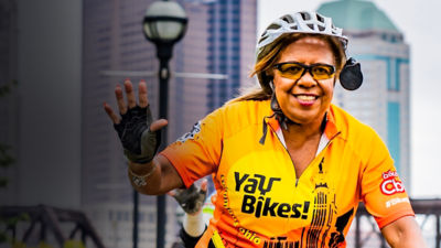 Bertie Fields rides her bike during a Yay Bikes! event