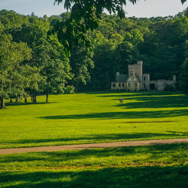 Squires Castle, an old ruin, originally a gatehouse for a main residence that was never built, stands on an expansive lawn in the North Chagrin Reservation near Cleveland.
