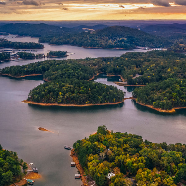 Aerial view of Lake  Allatoona just after the sunset