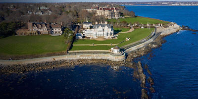 The Breakers and Cliff Walk aerial view. The Breakers is a Vanderbilt mansion with Italian Renaissance built in 1895 in Bellevue Avenue Historic District in Newport, RI.
