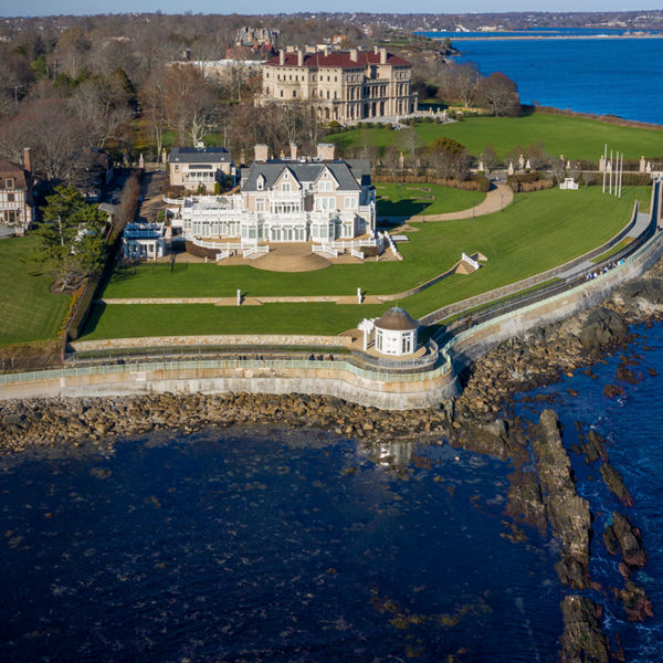 The Breakers and Cliff Walk aerial view. The Breakers is a Vanderbilt mansion with Italian Renaissance built in 1895 in Bellevue Avenue Historic District in Newport, RI.