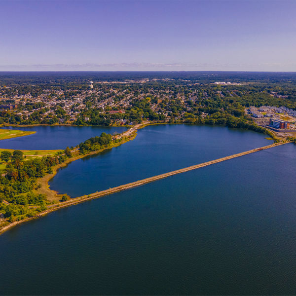 Watchemoket Cove and Bay Bike Path at Providence River aerial view near Narragansett Bay in East Providence, Rhode Island RI, USA. 