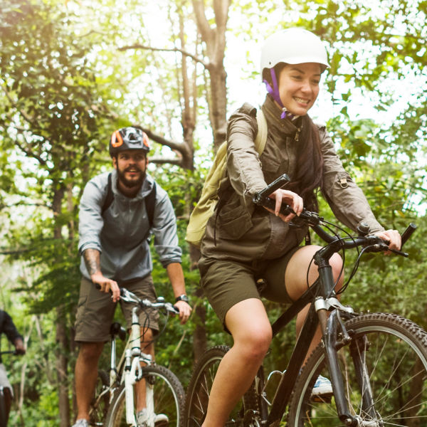Group of friends ride mountain bike in the forest together