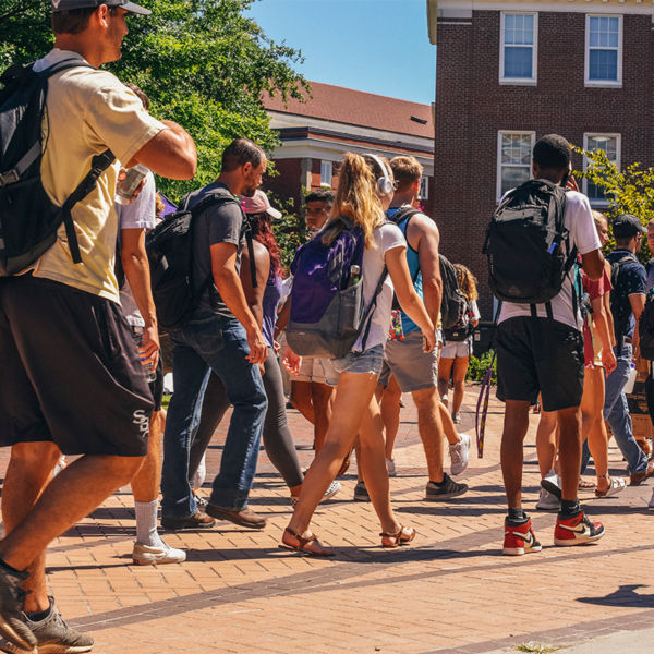 College students walking across campus