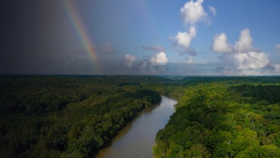 The Chattahoochee river surrounded by lush green and autumn colored trees with blue sky, a rainbow and clouds at Cochran Shoals Trail in Marietta 