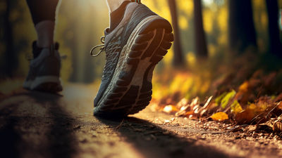 A detail of running shoes on a road