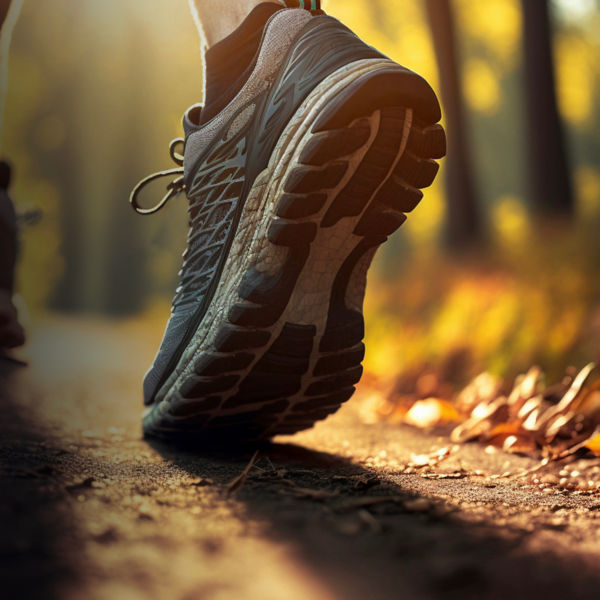 A detail of running shoes on a road