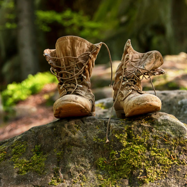 Well-worn hiking boots, unlaced and muddy on the forest floor.