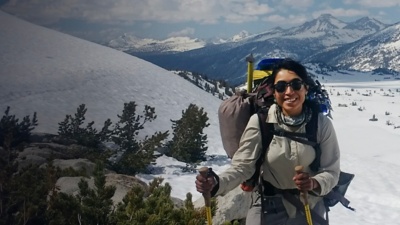 Zelzin Aketzalli poses for a photo thru hiking in the snow